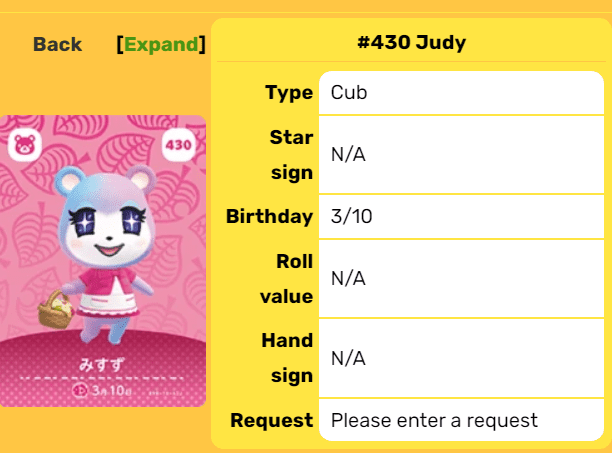 judy's amiibo card