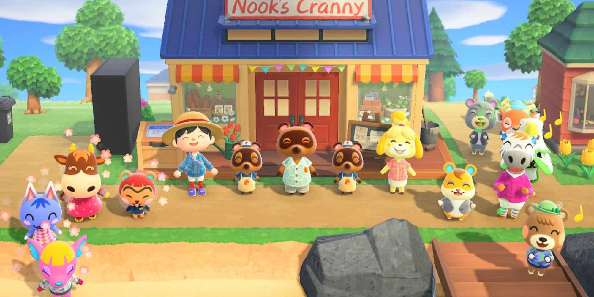 Animal Crossing New Horizons villagers outside Nooks Cranny